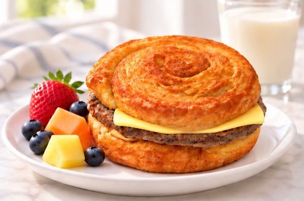 Breakfast sandwich on a fresh-baked swirl bun