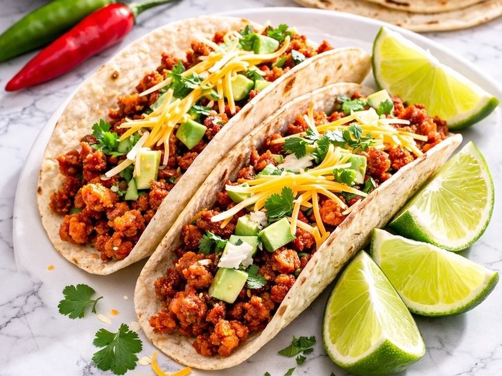 Seasoned taco meat in flour tortillas with cheese and avocado